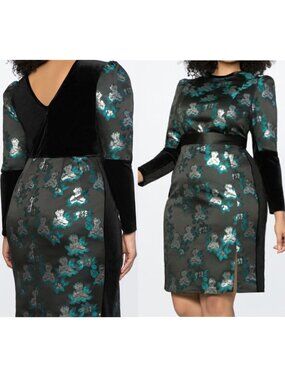 ELOQUII Plus Size Brocade and Velvet Puff Sleeve Dress Black Teal Floral Party